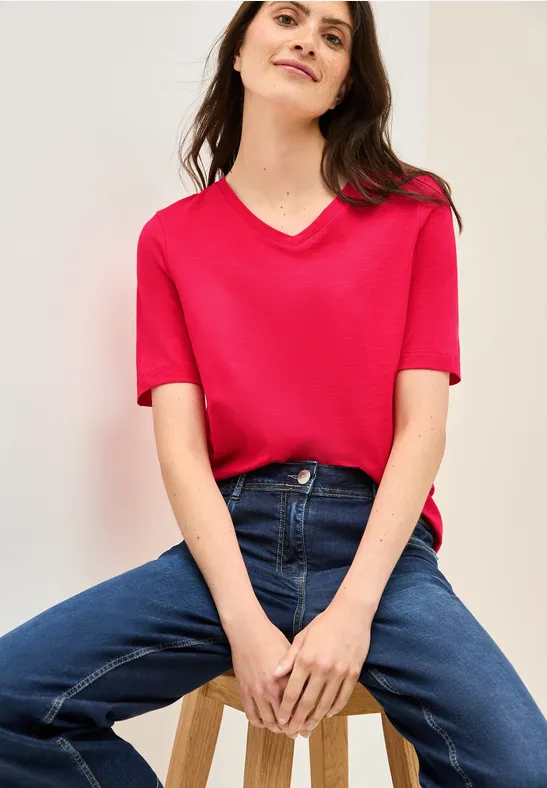 cecil Shirt V-Ausschnitt Basic Organic Cotton Rot
