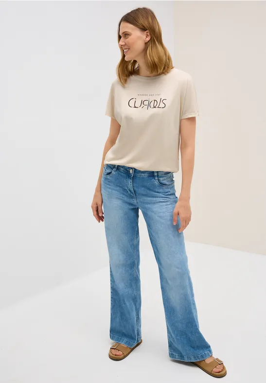 Thumbnail - Cecil Damen T-Shirt mit Wording in Beige, Gr: XS
