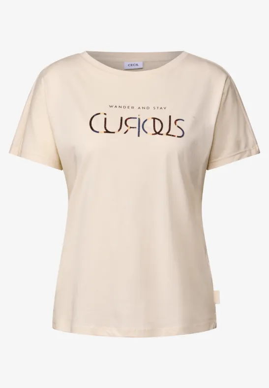 Thumbnail - Cecil Damen T-Shirt mit Wording in Beige, Gr: XS