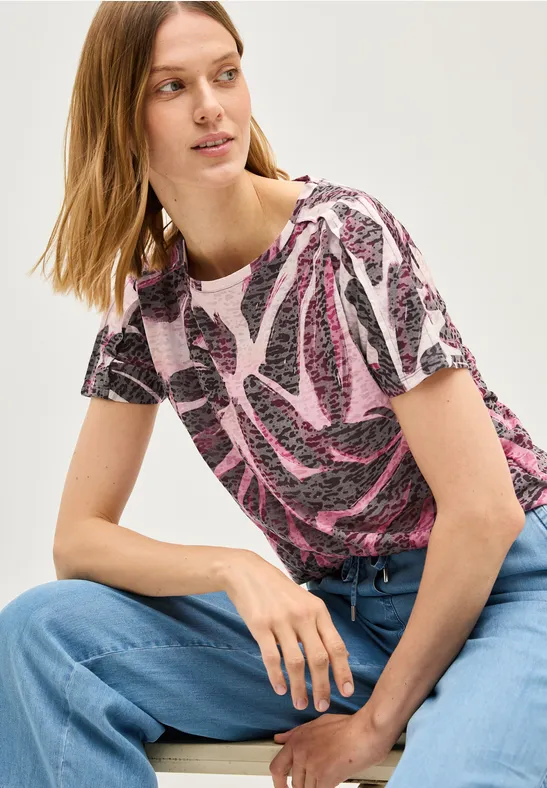 Thumbnail - Cecil Damen Ausbrenner-Shirt mit Muster in Rot, Gr: XS