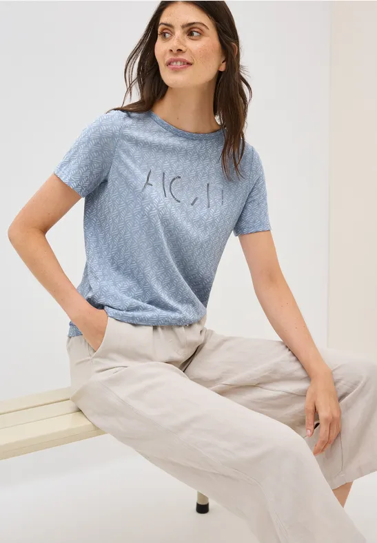 cecil Ausbrenner Shirt Folien-Wording Polyester-Baumwolle Blau