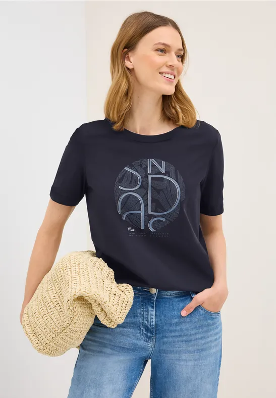 cecil Artwork Shirt Rundhals Baumwolle Blau