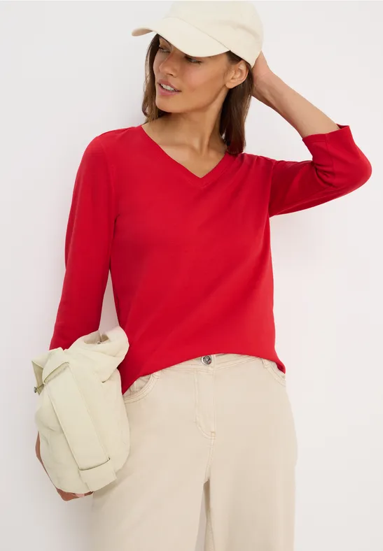 Thumbnail - Cecil Damen Basic V-Neck Shirt in Rot, Gr: XXL