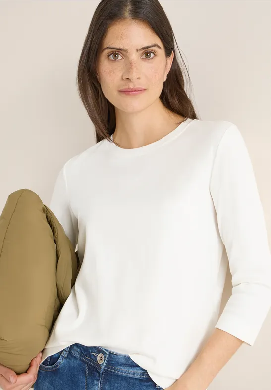cecil Rippshirt Rundhals 3/4 Organic Cotton-Elasthan Weiß