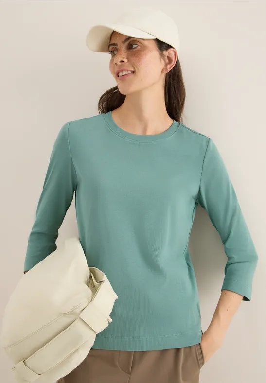 cecil Rippshirt Rundhals 3/4 Organic Cotton-Elasthan Grün
