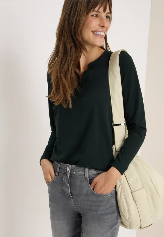 cecil Langarmshirt Split Neck Tunika Organic Cotton Grün