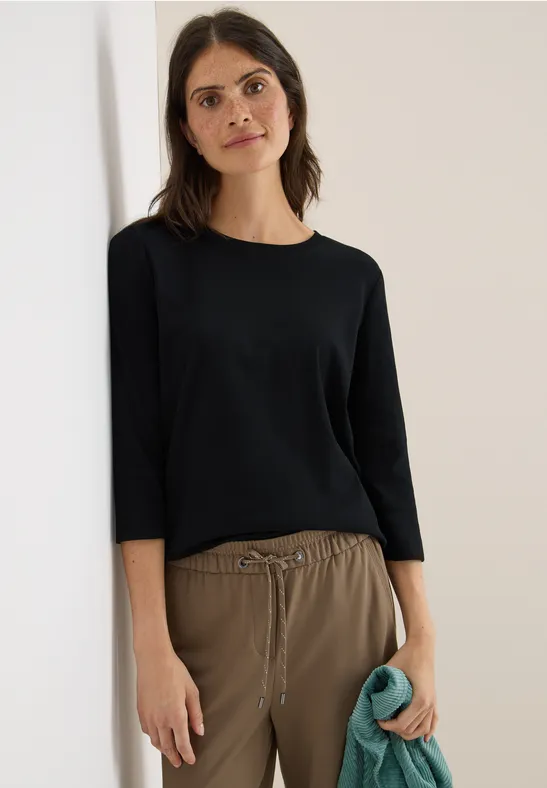 cecil Shirt Rippstruktur 3/4 Organic Cotton Schwarz