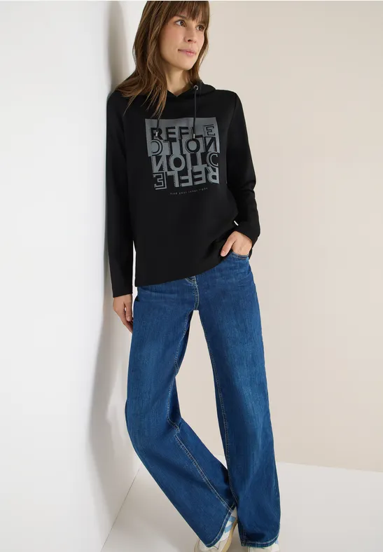 Thumbnail - Cecil Damen Hoodie Shirt mit Folienprint in Schwarz, Gr: 3XL