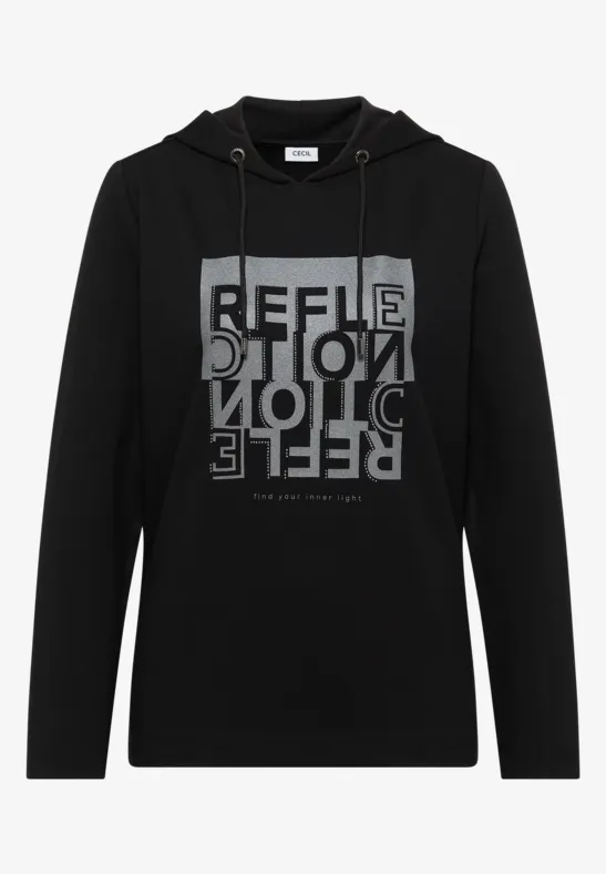 Thumbnail - Cecil Damen Hoodie Shirt mit Folienprint in Schwarz, Gr: 3XL