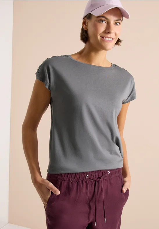 cecil Kurzarm Shirt Boatneck Raffung Modal-Baumwolle Grau