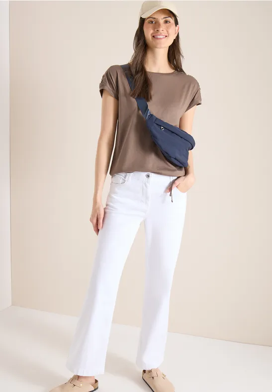 Thumbnail - Cecil Damen Kurzarm Shirt mit Raffung in Beige, Gr: XL