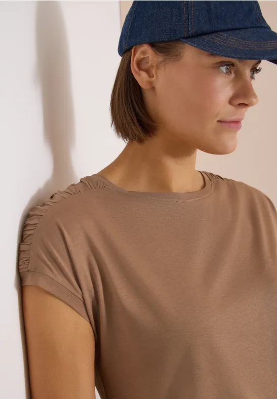 cecil Kurzarm Shirt Boatneck Raffung Modal-Baumwolle Braun