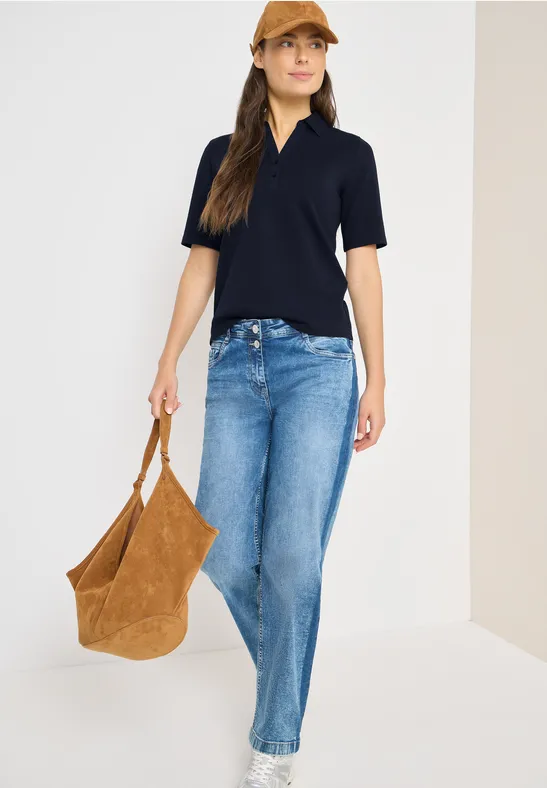 Thumbnail - Cecil Damen Basic Poloshirt mit Kurzarm in Blau, Gr: S