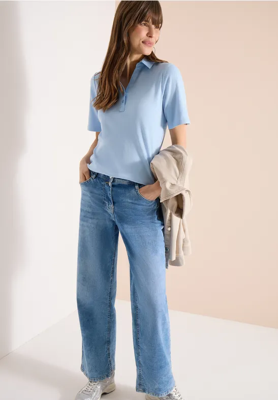 Thumbnail - Cecil Damen Basic Poloshirt mit Kurzarm in Blau, Gr: 3XL