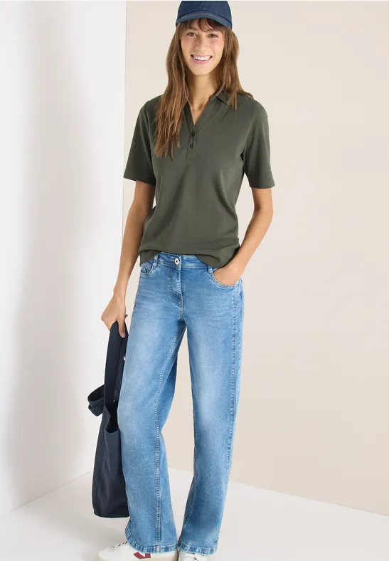 Thumbnail - Cecil Damen Basic Poloshirt mit Kurzarm in Grün, Gr: XS