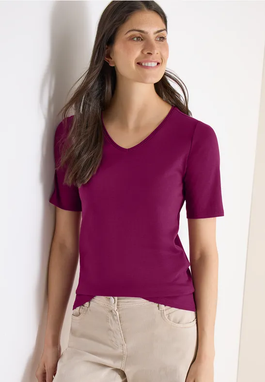 cecil T-Shirt Basic V-Ausschnitt Baumwolle Pink