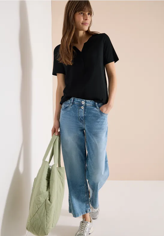 cecil T-Shirt Tunika-Look Split Neck Baumwolle Schwarz