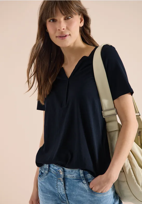 cecil T-Shirt Tunika-Look Split Neck Baumwolle Blau