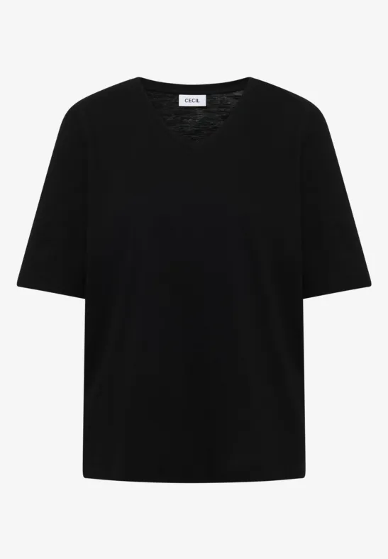Thumbnail - Cecil Damen Basic T-Shirt mit V-Neck in Schwarz, Gr: S