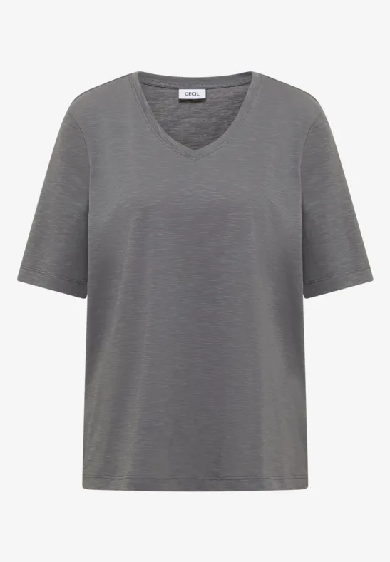 Thumbnail - Cecil Damen Basic T-Shirt mit V-Neck in Grau, Gr: 3XL