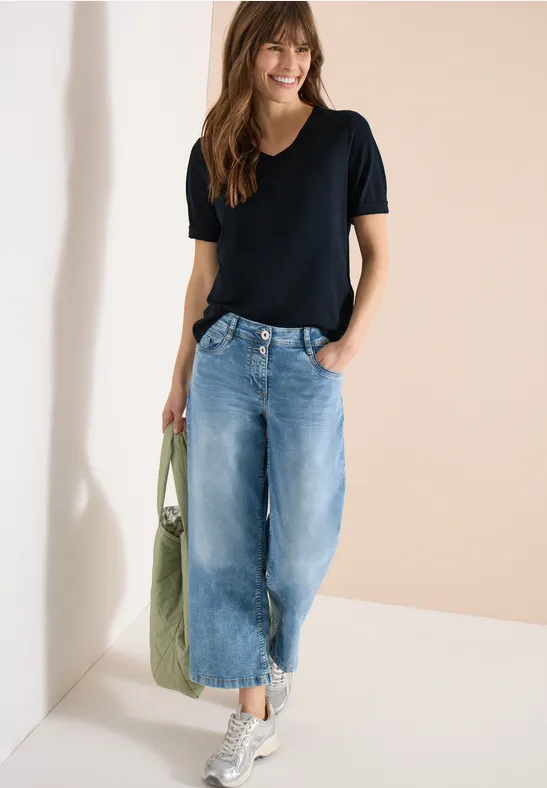 Thumbnail - Cecil Damen Basic T-Shirt mit V-Neck in Blau, Gr: 3XL