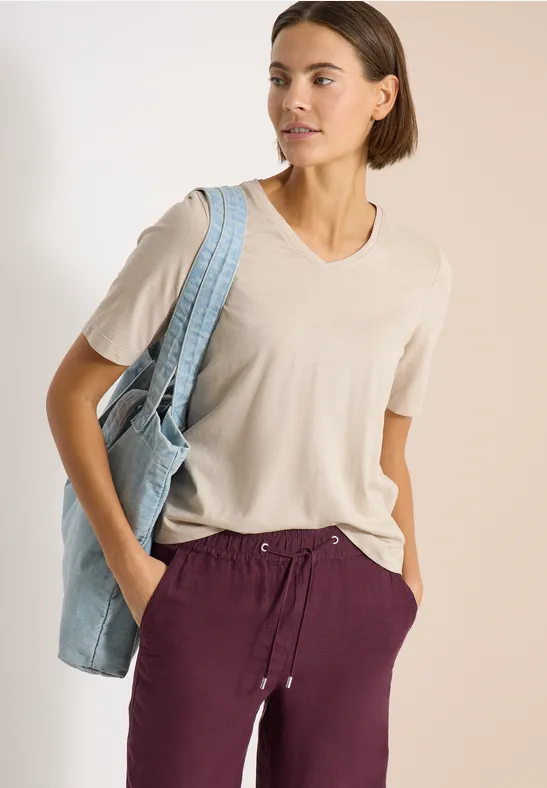 cecil Basic T-Shirt V-Neck 100% Organic Cotton Beige