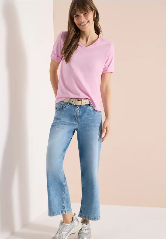 Thumbnail - Cecil Damen Basic T-Shirt mit V-Neck in Rosa, Gr: XS