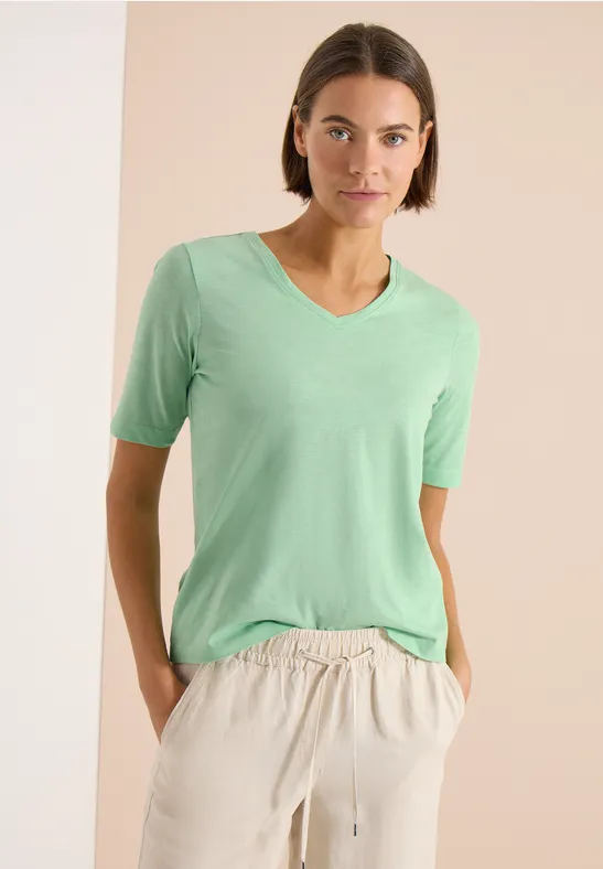 cecil Basic V-Neck T-Shirt Flammgarn Organic-Cotton Grün