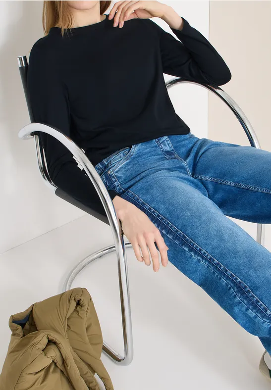 cecil Shirt Gerippter Bund Baumwolle Schwarz