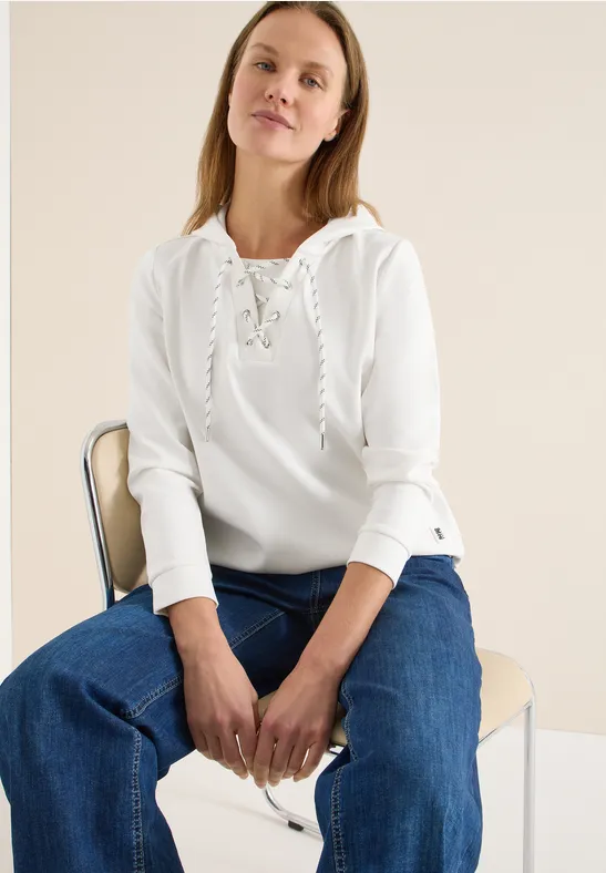 Thumbnail - Cecil Damen Hoodie Shirt mit Strings in Weiß, Gr: XS