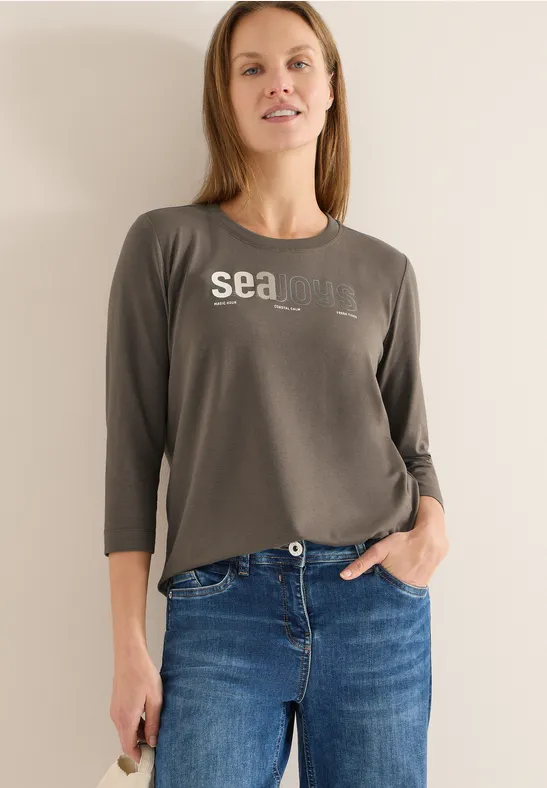 cecil T-Shirt Frontprint Wording-Print Baumwolle-Modalmix Beige