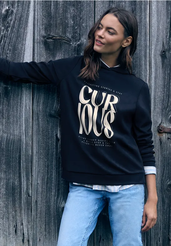 cecil Print Hoodie Shirt Viskose Blau