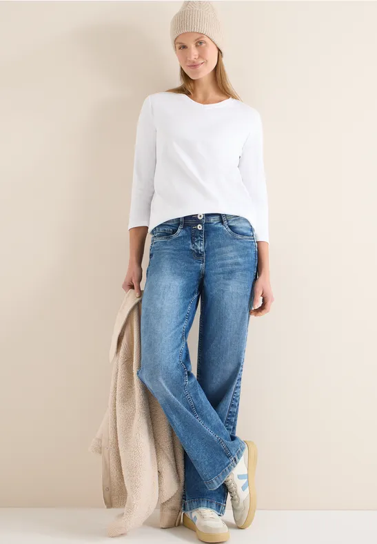 cecil Langarmshirt V-Ausschnitt Essential Baumwolle Weiss