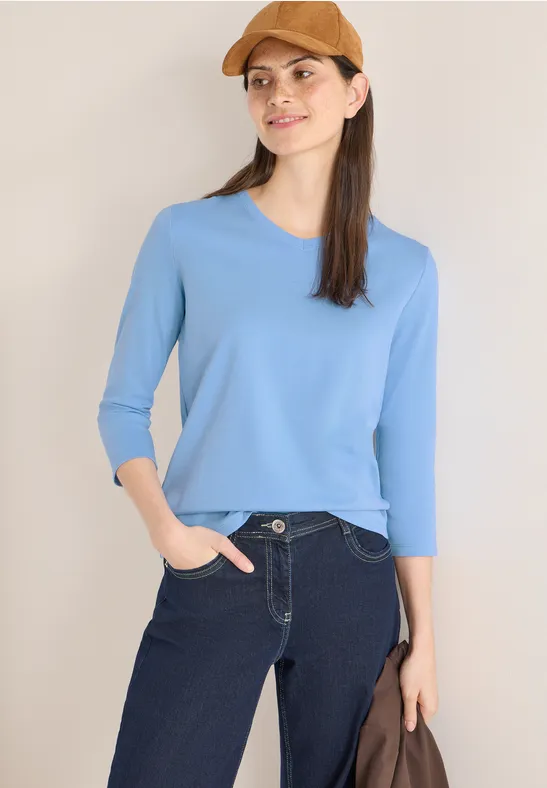 cecil Langarmshirt V-Ausschnitt Baumwolle Blau