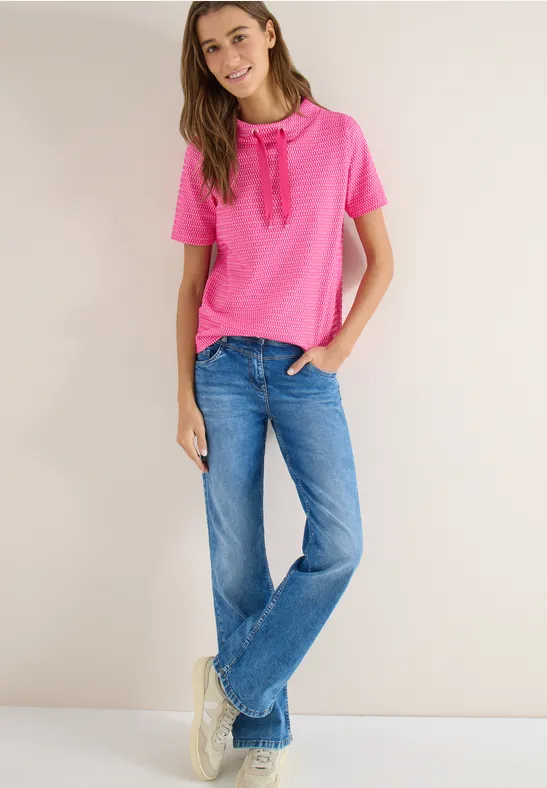 cecil T-Shirt Funnel Neck Two-Tone Baumwolle Rosa