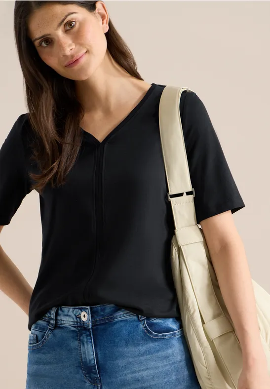 cecil T-Shirt Tunika-Look V-Ausschnitt Modal Schwarz
