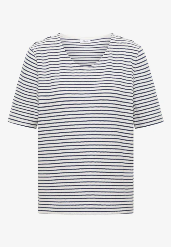 Thumbnail - Cecil Damen T-Shirt mit gerundetem V-Ausschnitt in Blau, Gr: L