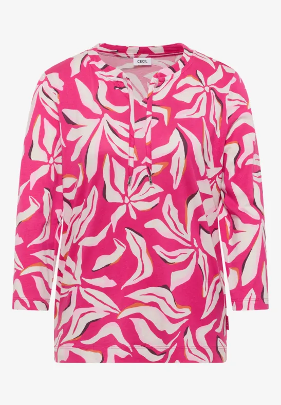 Thumbnail - Cecil Damen Shirt mit Split Neck und Print in Pink, Gr: XL