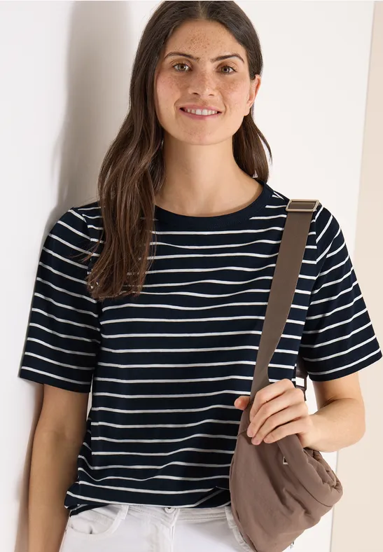 cecil T-Shirt Boatneck Streifen Organic Cotton Blau
