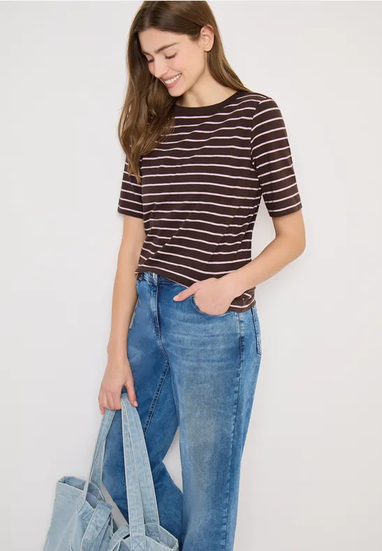 cecil T-Shirt Streifen Boatneck Organic Cotton Braun