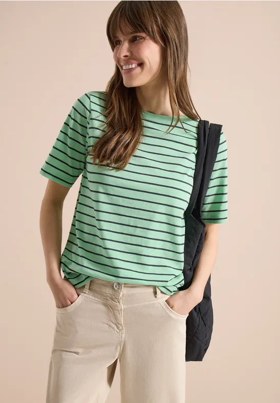 cecil T-Shirt Boatneck Streifen Organic Cotton Gruen