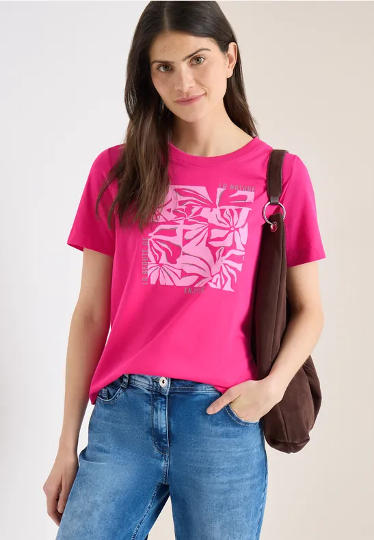 cecil T-Shirt Rundhals Frontprint Baumwolle Rosa