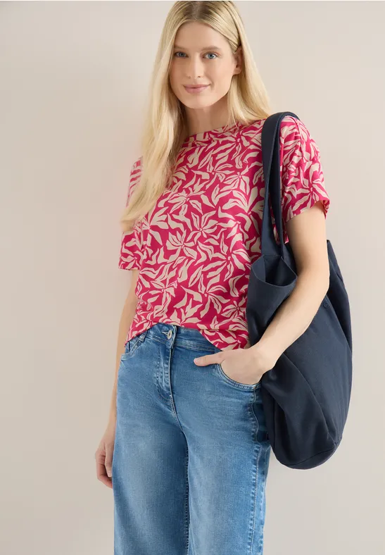 cecil T-Shirt U-Boot-Ausschnitt Floral-Print Baumwolle Rosa