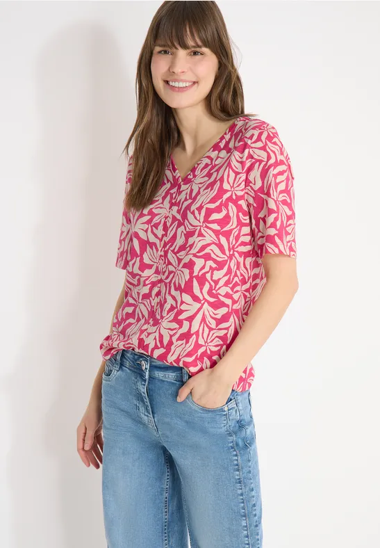 cecil T-Shirt V-Ausschnitt Slub Floral Baumwolle-Modalmix Rosa