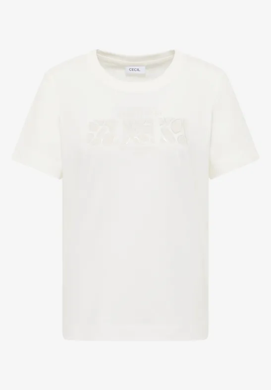 Thumbnail - Cecil Damen Basic T-Shirt mit Rundhals und Frontprint in Weiß, Gr: XXL