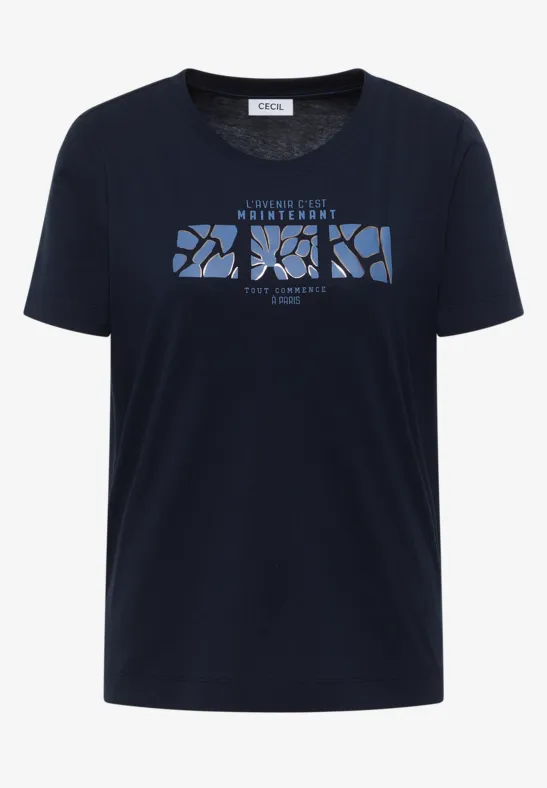 Thumbnail - Cecil Damen Basic T-Shirt mit Rundhals und Print in Blau, Gr: L