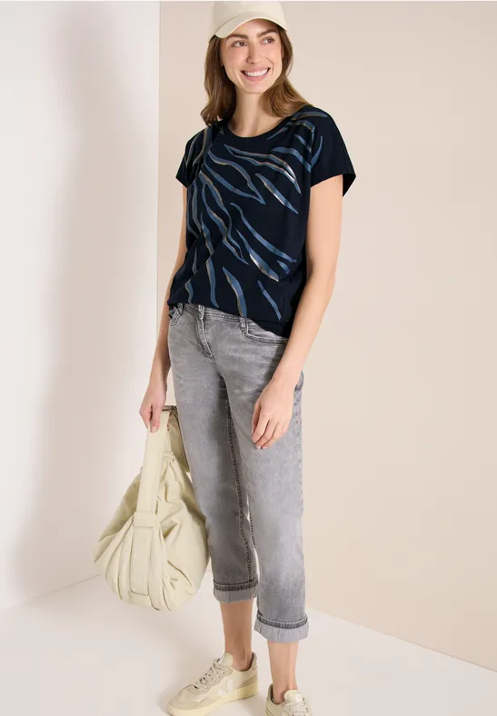 Thumbnail - Cecil Damen Shirt mit Rundhals und Frontprint in Blau, Gr: XXL