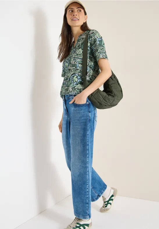 Thumbnail - Cecil Damen Kurzarm Shirt mit Split Neck und Print in Grün, Gr: XXL