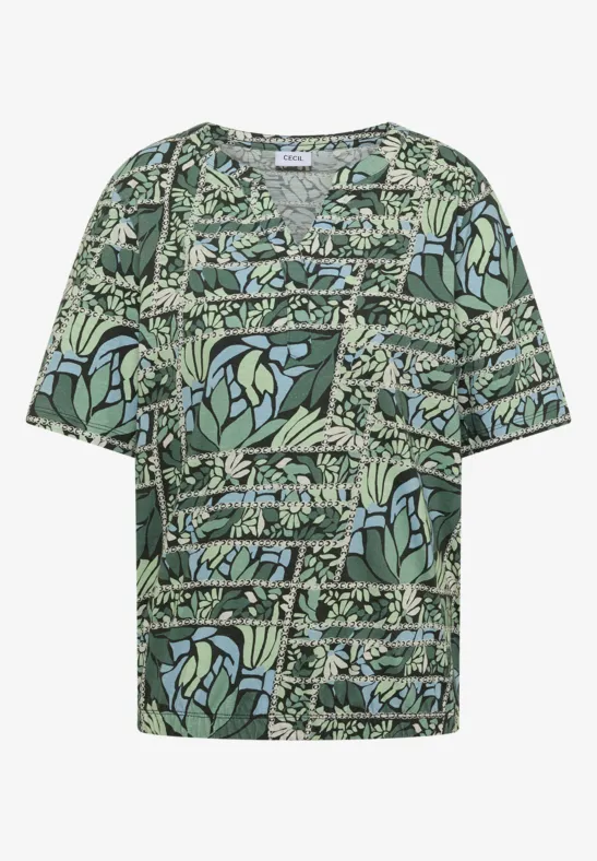 Thumbnail - Cecil Damen Kurzarm Shirt mit Split Neck und Print in Grün, Gr: XXL