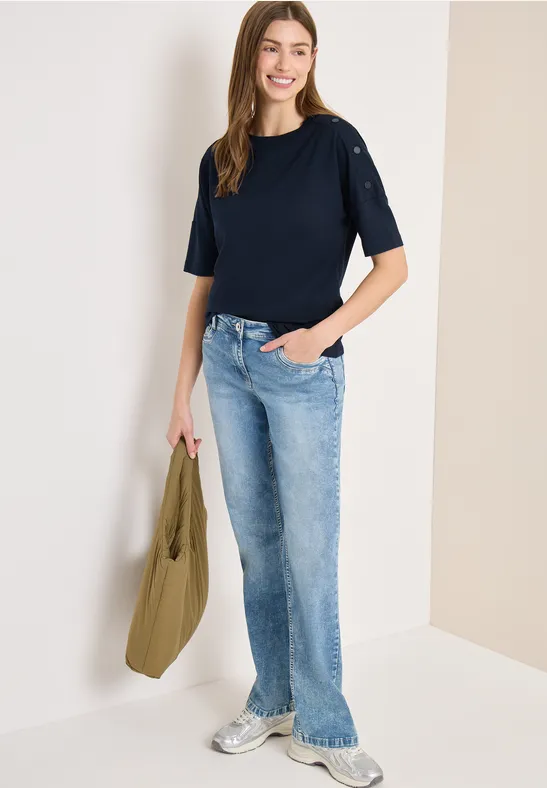 Thumbnail - Cecil Damen T-Shirt mit Rundhals und Knopfdetail in Blau, Gr: S
